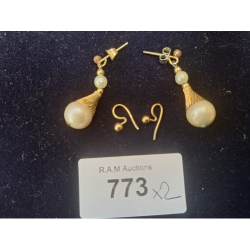 773 - Pearl Drop Earrings and Possible 9ct Gold Stud Earrings