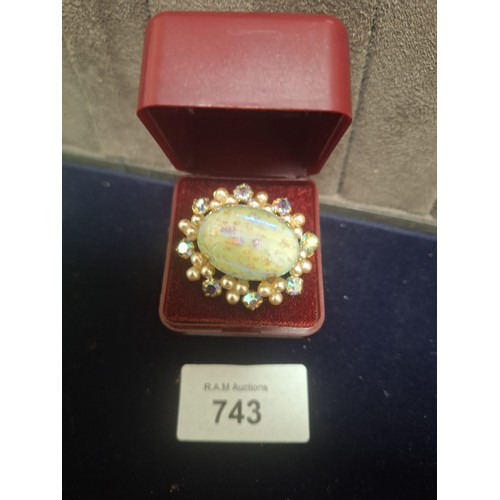 743 - Boxed Large Moonstone Style, Pearl and Crystal Brooch