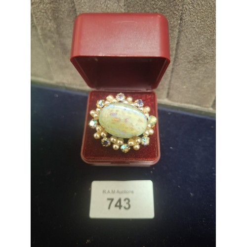 743 - Boxed Large Moonstone Style, Pearl and Crystal Brooch