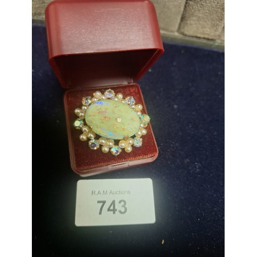 743 - Boxed Large Moonstone Style, Pearl and Crystal Brooch