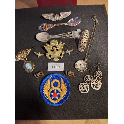 1100 - Mixture of American Badges, Cap Badges, Vintage MGM Spoon, Jewellery, Earrings Etc