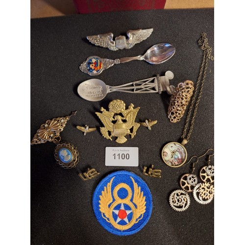 1100 - Mixture of American Badges, Cap Badges, Vintage MGM Spoon, Jewellery, Earrings Etc