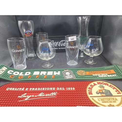 546 - Boxed Bar Runners Birra Moretti and Jagermeister, Coca Cola Glasses x2, Pat O'brien New Orleans Hurr... 