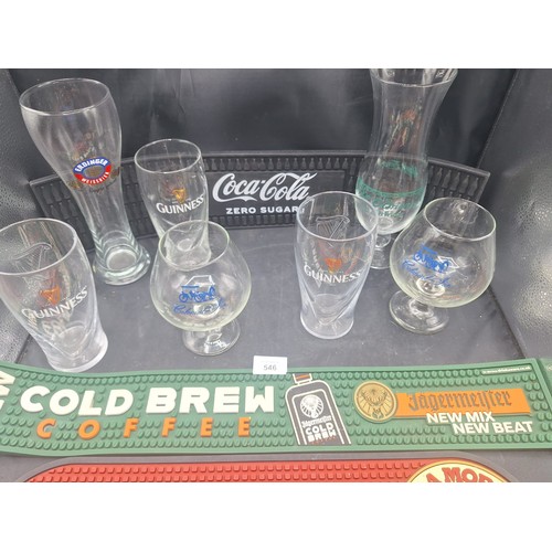 546 - Boxed Bar Runners Birra Moretti and Jagermeister, Coca Cola Glasses x2, Pat O'brien New Orleans Hurr... 