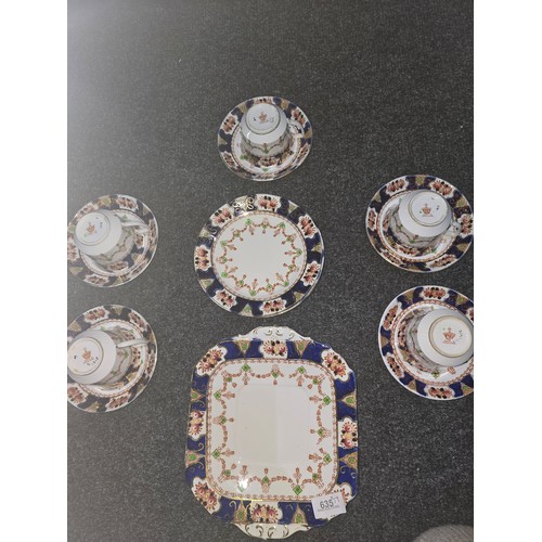 635 - Crown Derby Style English Marked Part Tea Set To Include Trios x5 and a Cake Plate