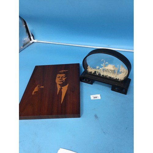 360 - 1980's Retro Inlaid Plaque of Kennedy and a Chinese Cork Picture