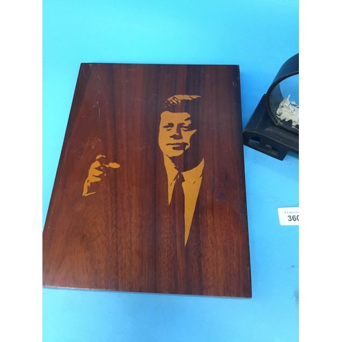 360 - 1980's Retro Inlaid Plaque of Kennedy and a Chinese Cork Picture