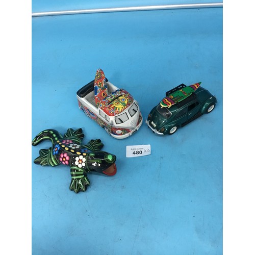 480 - OC UK VW Surfer Camper Collectable Money Box, Surfers VW Bug and an Aussie Lizard