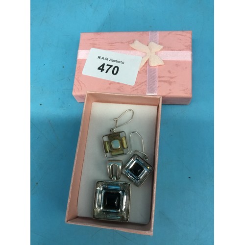 470 - Boxed Heavy 925 Silver Stoned Pendant and Earrings