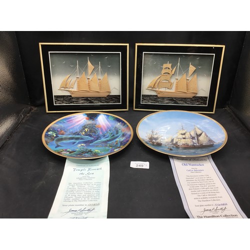 249 - Cork Ships In a Diaroma Frame, Dolphin Plate and A Boxed Ships Plate With Certicates