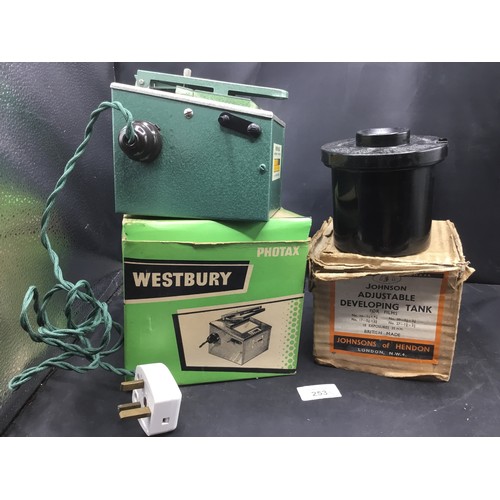 253 - Boxed Vintage Westbury Photax Contact Printer With Exposure Control and a Boxed Vintage Johnson Deve... 