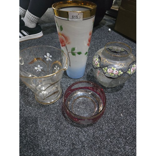 615 - Vintage Retro Hand Painted and Engraved Glass Vases, Bowls and a Jug