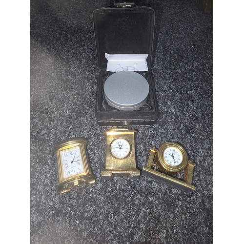 616 - Miniature Clocks x4 One In Case and 3 In Brass