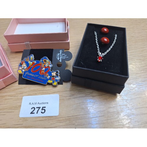 275 - Boxed Fashion and Vintage Jewellery x3 To Include 100 Year Mickey Pin, Earrings and Necklace and a C... 