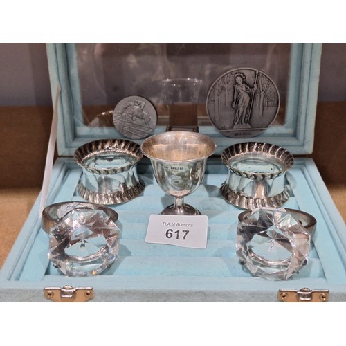 617 - Tray of Collectables To Include Hallmarked Silver Egg Cup, Rings, Medallions Etc (Tray Not Included)