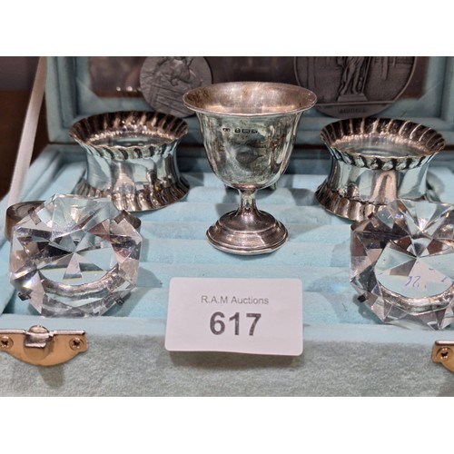 617 - Tray of Collectables To Include Hallmarked Silver Egg Cup, Rings, Medallions Etc (Tray Not Included)