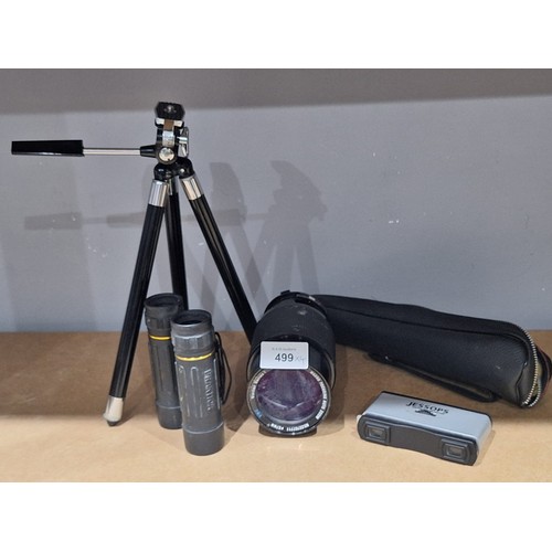 499 - Cased Tripod, Praktika Binoculars, Jessops Glasses and a 67mm 70/270 1:35 Vivitar Lens