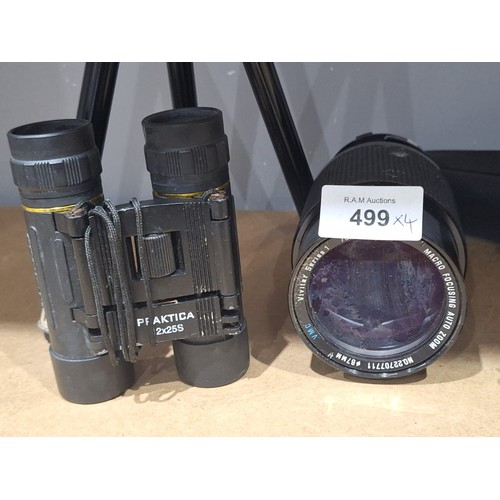 499 - Cased Tripod, Praktika Binoculars, Jessops Glasses and a 67mm 70/270 1:35 Vivitar Lens