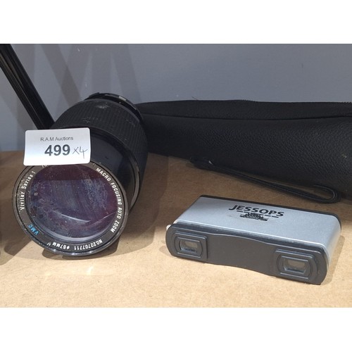 499 - Cased Tripod, Praktika Binoculars, Jessops Glasses and a 67mm 70/270 1:35 Vivitar Lens