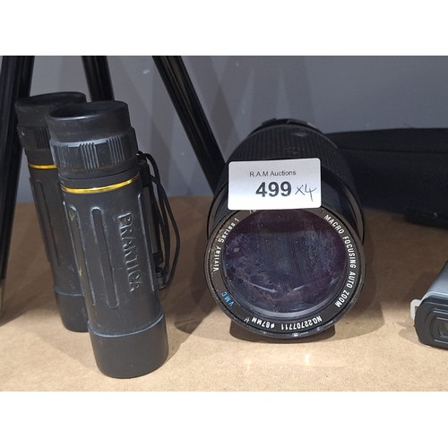 499 - Cased Tripod, Praktika Binoculars, Jessops Glasses and a 67mm 70/270 1:35 Vivitar Lens