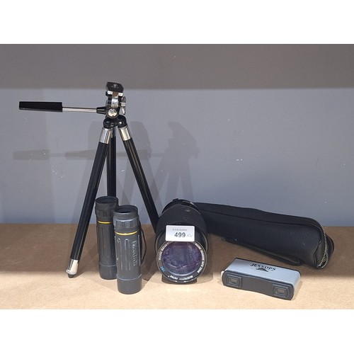499 - Cased Tripod, Praktika Binoculars, Jessops Glasses and a 67mm 70/270 1:35 Vivitar Lens