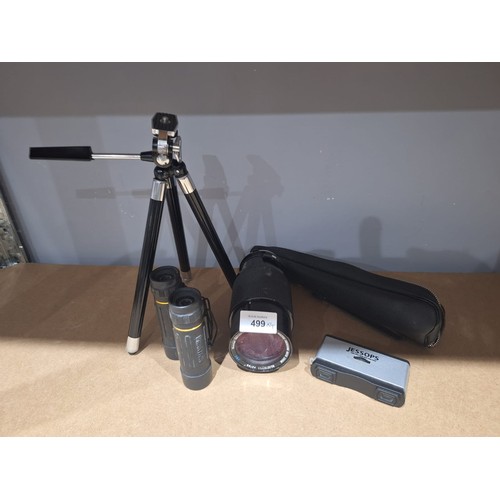 499 - Cased Tripod, Praktika Binoculars, Jessops Glasses and a 67mm 70/270 1:35 Vivitar Lens