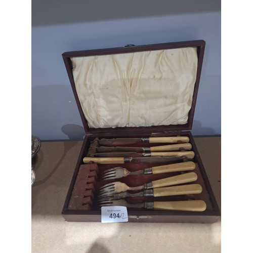 494 - Cased EPNS and Bone Knives and Forks and a 3 Branch Candelabra