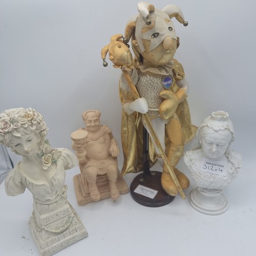 312 - 3 BUSTS AND A JESTER ON A STAND TO INCLUDE VICTORIA AND BACCHUS