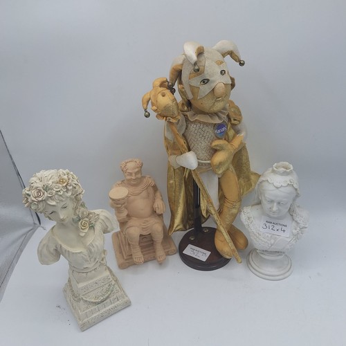 312 - 3 BUSTS AND A JESTER ON A STAND TO INCLUDE VICTORIA AND BACCHUS