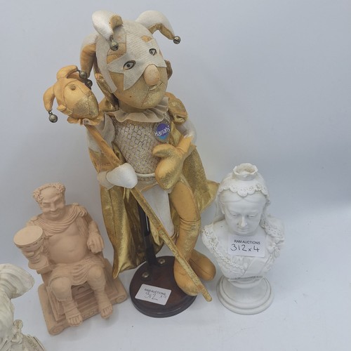 312 - 3 BUSTS AND A JESTER ON A STAND TO INCLUDE VICTORIA AND BACCHUS