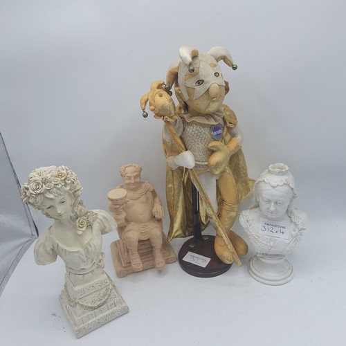 312 - 3 BUSTS AND A JESTER ON A STAND TO INCLUDE VICTORIA AND BACCHUS