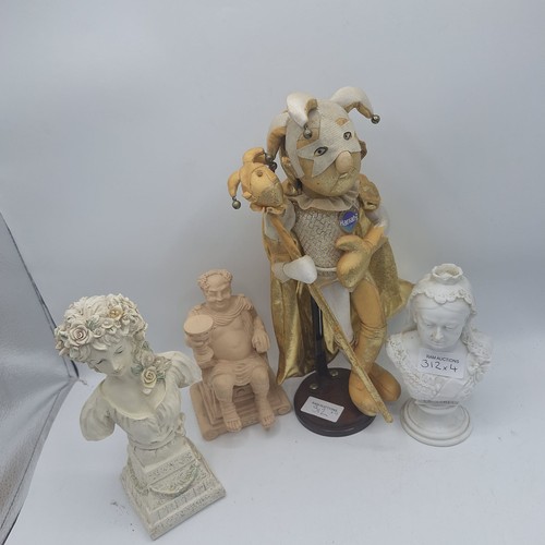 312 - 3 BUSTS AND A JESTER ON A STAND TO INCLUDE VICTORIA AND BACCHUS