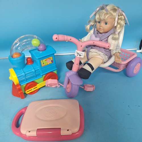 74 - Kiddies Toys x3 To Include Leap Frog Play and Learn, Push and Pull Train and a Baby Doll On a Scoote... 