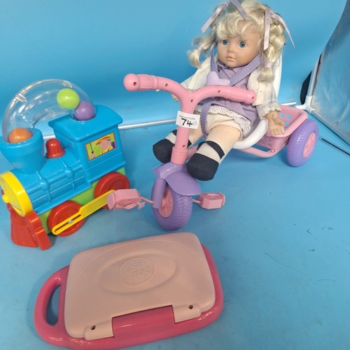 74 - Kiddies Toys x3 To Include Leap Frog Play and Learn, Push and Pull Train and a Baby Doll On a Scoote... 