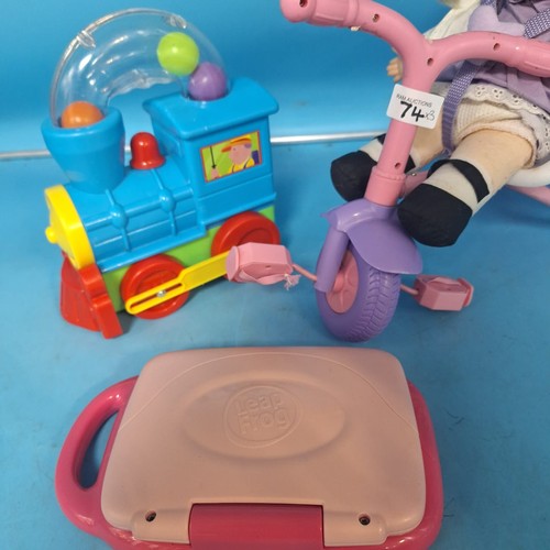 74 - Kiddies Toys x3 To Include Leap Frog Play and Learn, Push and Pull Train and a Baby Doll On a Scoote... 