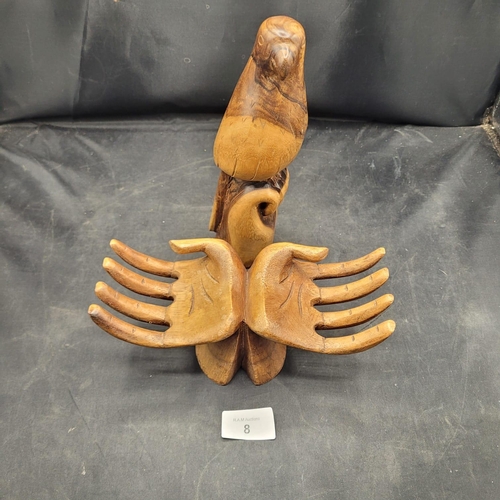 8 - A Carved Wooden Folk Art Sculpture of a Bird and Hands