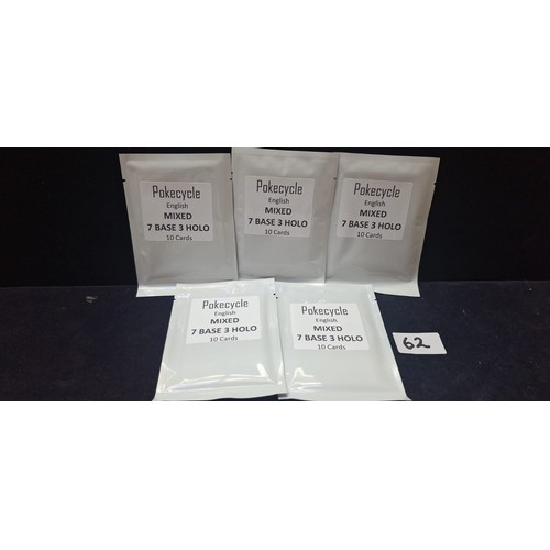 62 - Pokecycle Mixed English Cards 7 Base and 3 Holo Per Pack x5 Packs