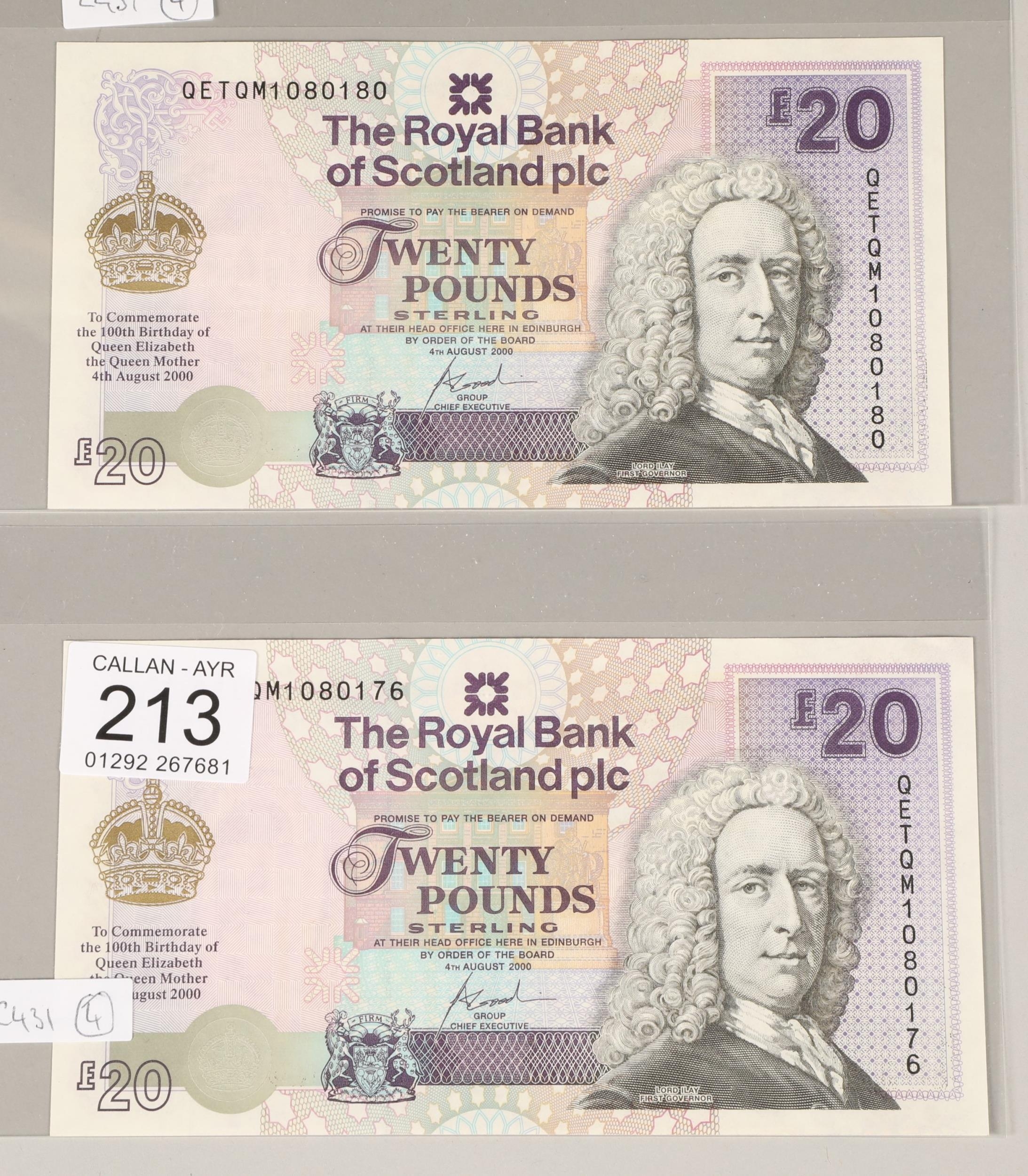 Two Royal Bank Of Scotland Twenty Pound £20 Bank Notes Commemorating 100th Birthday Of The Queen M