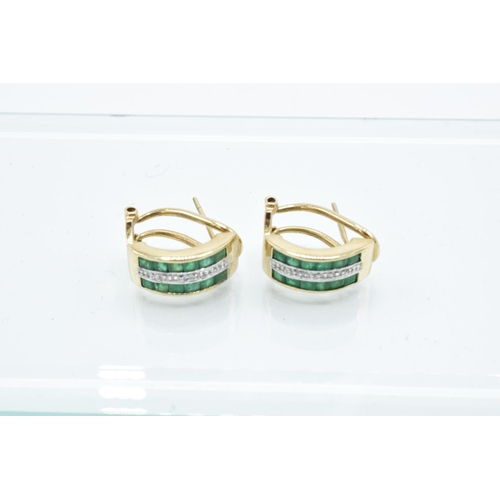 201 - 9ct gold earrings with emeralds and diamonds, 3.9 grams total (stamped 375)