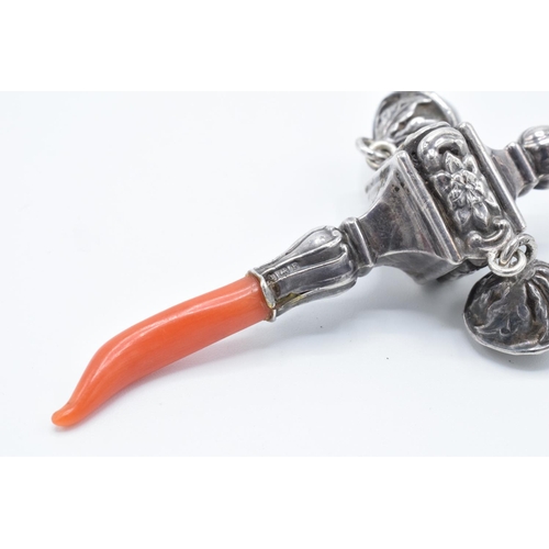 222 - Silver and coral baby rattle: 9cm tall