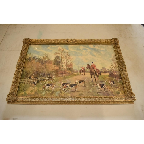23 - Charles Simpson hunting themed print 'Check at the Crossroads' in ornate frame