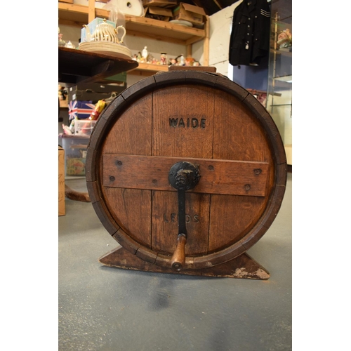 284 - Waide of Leeds oak barrel churn with inside contents.