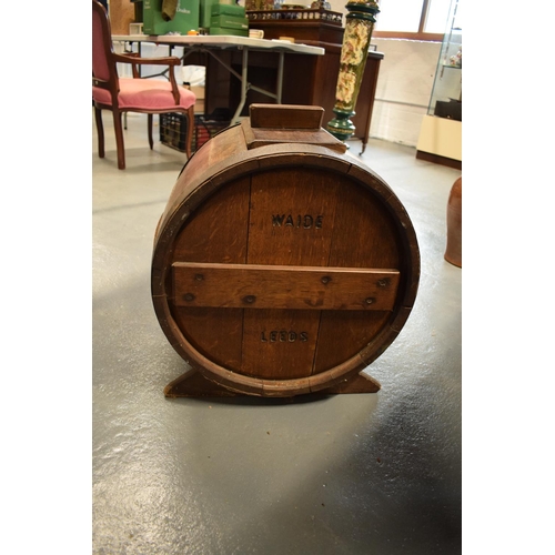 284 - Waide of Leeds oak barrel churn with inside contents.