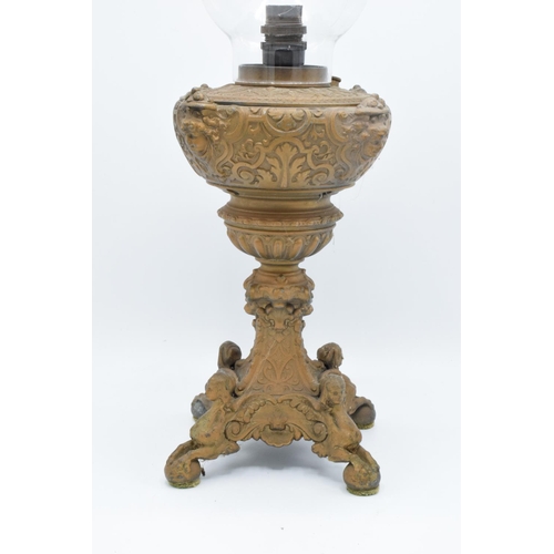 297 - Victorian cast oil lamp base converted to electric with shade