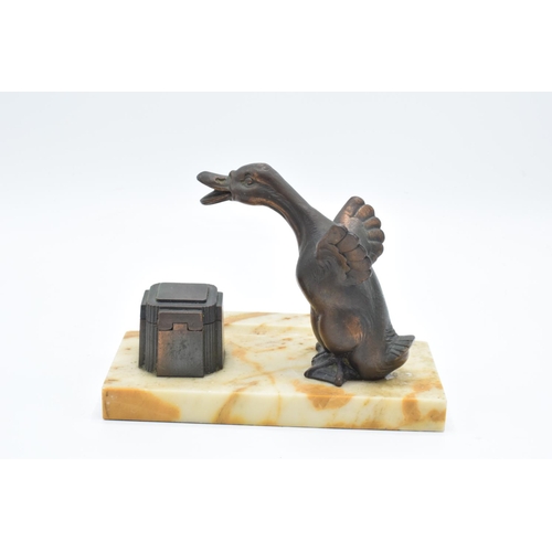 302 - French Art-deco inkwell with landing duck figure on marble base