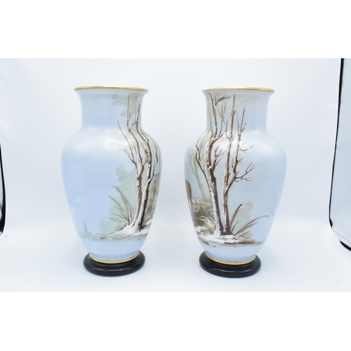 65 - 19th century French painted glass pair of baluster vases depicting sheep in a wintery woodland scene