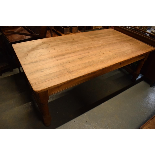 371 - Large Farmhouse scrub top pitch pine kitchen table with end drawers on H stretchers