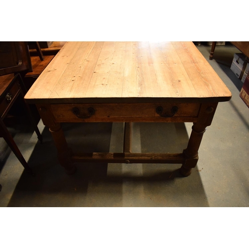 371 - Large Farmhouse scrub top pitch pine kitchen table with end drawers on H stretchers