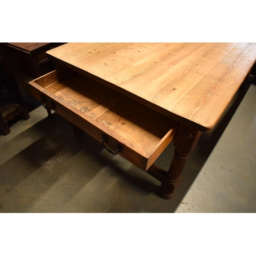 371 - Large Farmhouse scrub top pitch pine kitchen table with end drawers on H stretchers