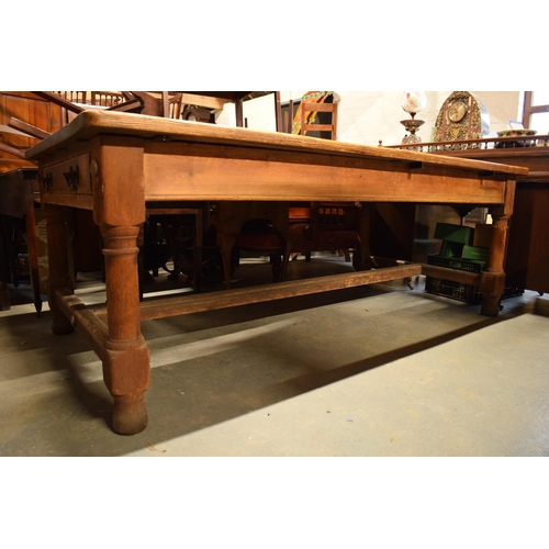 371 - Large Farmhouse scrub top pitch pine kitchen table with end drawers on H stretchers